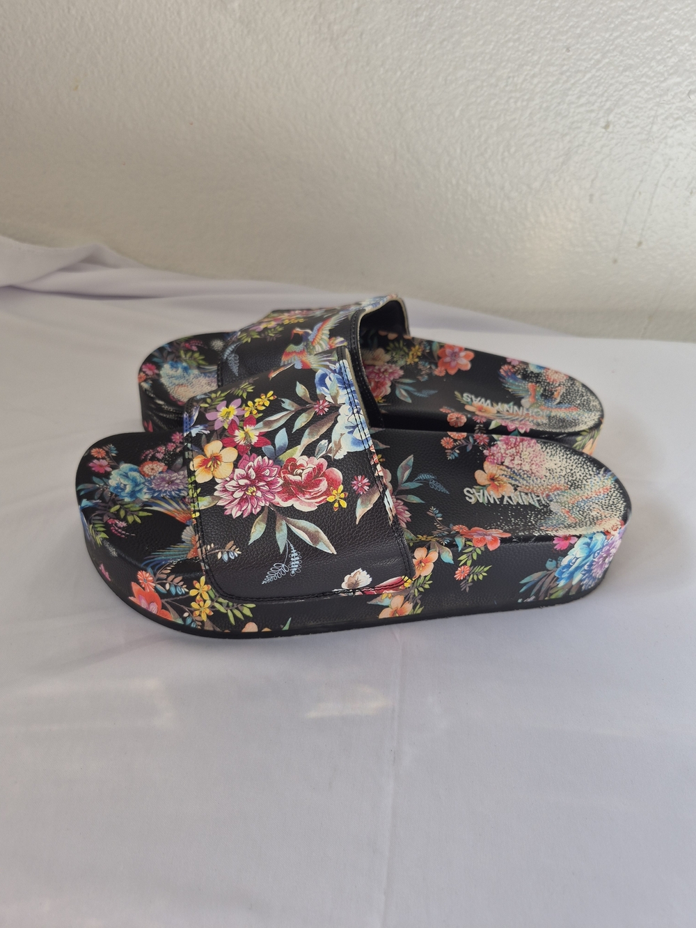 Johnny Was Floral Bird Print Black Slide Sandals 8 - Picture 5 of 8